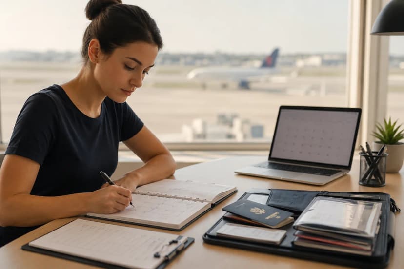 Cena realista em ambiente de estudo organizado para aviação: jovem candidato(a) a comissário(a) sentado(a) à mesa com planner aberto, checklist de documentos, passaporte e pasta organizada, notebook com calendário (sem texto legível), ao fundo uma janela com pista de aeroporto desfocada e um avião ao longe; composição clean e profissional, estilo fotografia editorial, luz natural suave da manhã, cores neutras, profundidade de campo rasa, enquadramento horizontal 600x400, sem texto, sem logotipos, sem marcas d’água