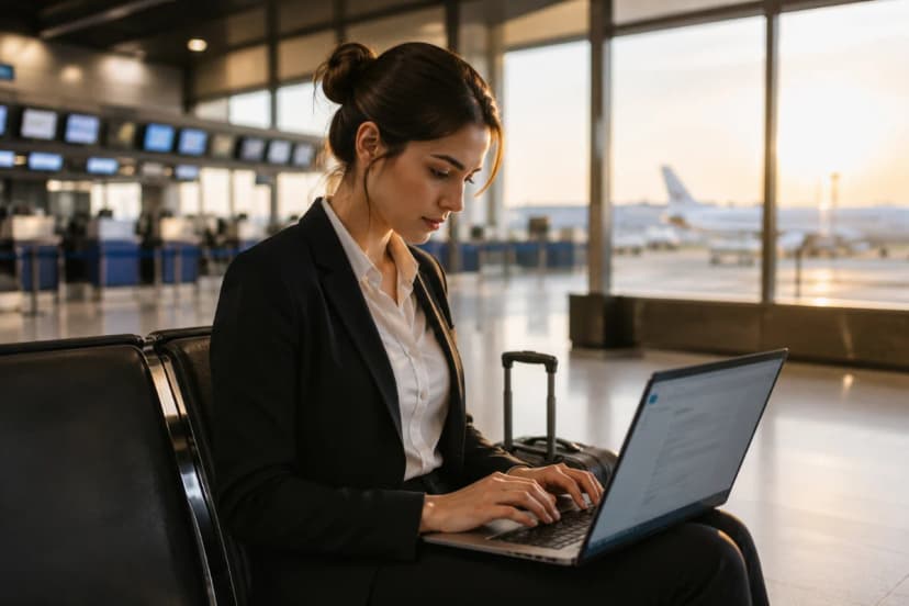 Cena realista em aeroporto moderno: candidato(a) jovem em traje social sentado(a) em área de embarque com laptop aberto e e-mail de resposta genérica na tela (sem texto legível), ao fundo balcões de check-in desfocados e aeronave pela janela; composição com foco no rosto pensativo e mãos no teclado, profundidade de campo rasa, luz natural suave de fim de tarde entrando pelas janelas, estilo fotográfico editorial, cores neutras, enquadramento horizontal 3:2, sem texto, sem logotipos, sem marcas d’água