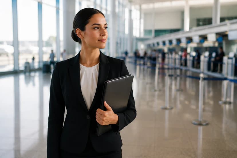 Fotografia realista em estilo editorial: candidata a comissária de bordo em traje social discreto e bem alinhado, em um saguão de aeroporto moderno com balcões de check-in desfocados ao fundo, segurando uma pasta com documentos, postura ereta e expressão confiante e serena; luz natural suave entrando por grandes janelas, tons neutros e limpos, profundidade de campo rasa, composição com regra dos terços, enquadramento horizontal 3:2, sem texto, sem logotipos, sem marcas d’água