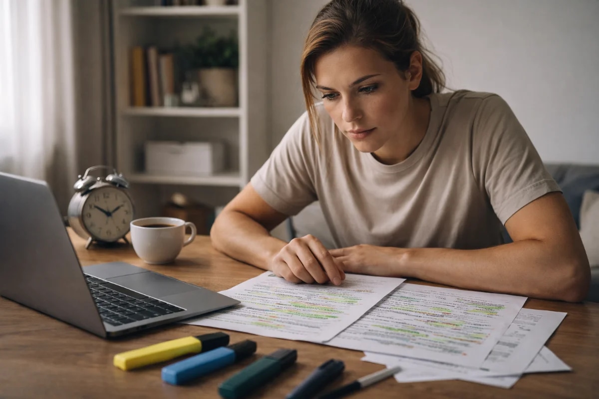 Cena realista de um candidato estudando para prova em casa, sentado à mesa com notebook aberto e folhas de simulado, relógio analógico ao lado indicando pressão de tempo; expressão concentrada e levemente tensa, mãos apoiadas na mesa; ambiente organizado e minimalista, luz natural suave entrando pela janela, tons neutros e profissionais; composição com foco no rosto e no material de estudo em primeiro plano, profundidade de campo moderada; estilo fotográfico editorial, alta nitidez, iluminação suave, enquadramento horizontal 16:9, sem texto, sem logotipos, sem marcas d’água