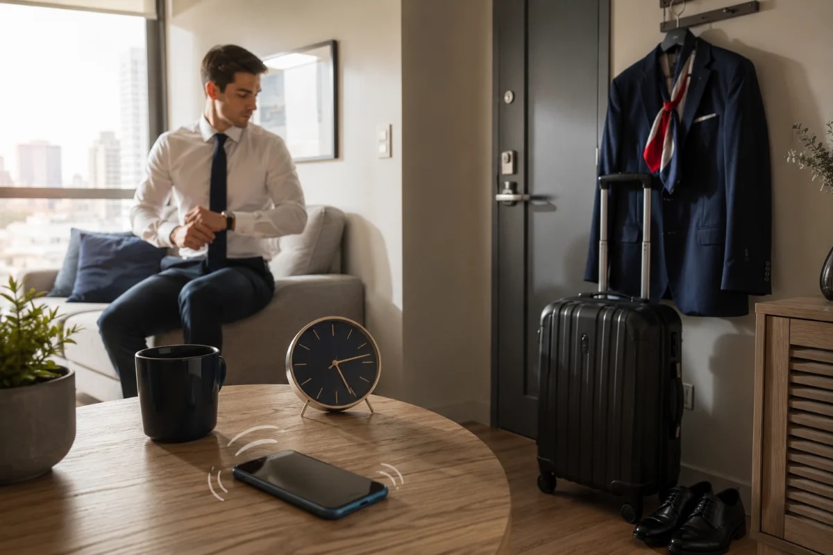 Cena realista de um comissário de bordo em casa em prontidão de standby, mala de bordo e uniforme organizados ao lado da porta, celular vibrando sobre a mesa, relógio marcando horário, ambiente de apartamento moderno e organizado, luz natural suave de manhã entrando pela janela, sensação de expectativa e prontidão, composição com foco no kit de viagem e no celular, profundidade de campo moderada, estilo fotográfico editorial, cores neutras, enquadramento horizontal 3:2, sem texto, sem logotipos, sem marcas d'água
