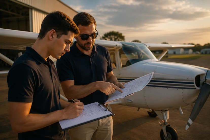 Cena realista em um aeroclube: aluno piloto e instrutor ao lado de um monomotor no pátio, com prancheta de briefing e checklist na mão; ao fundo, hangar e pista desfocada, céu de fim de tarde. Composição horizontal 3:2, enquadramento em plano médio, foco no aluno concentrado e no instrutor apontando um plano de voo; estilo fotografia editorial moderna, cores naturais, iluminação suave dourada, profundidade de campo rasa, sem texto, sem logotipos, sem marcas d’água.