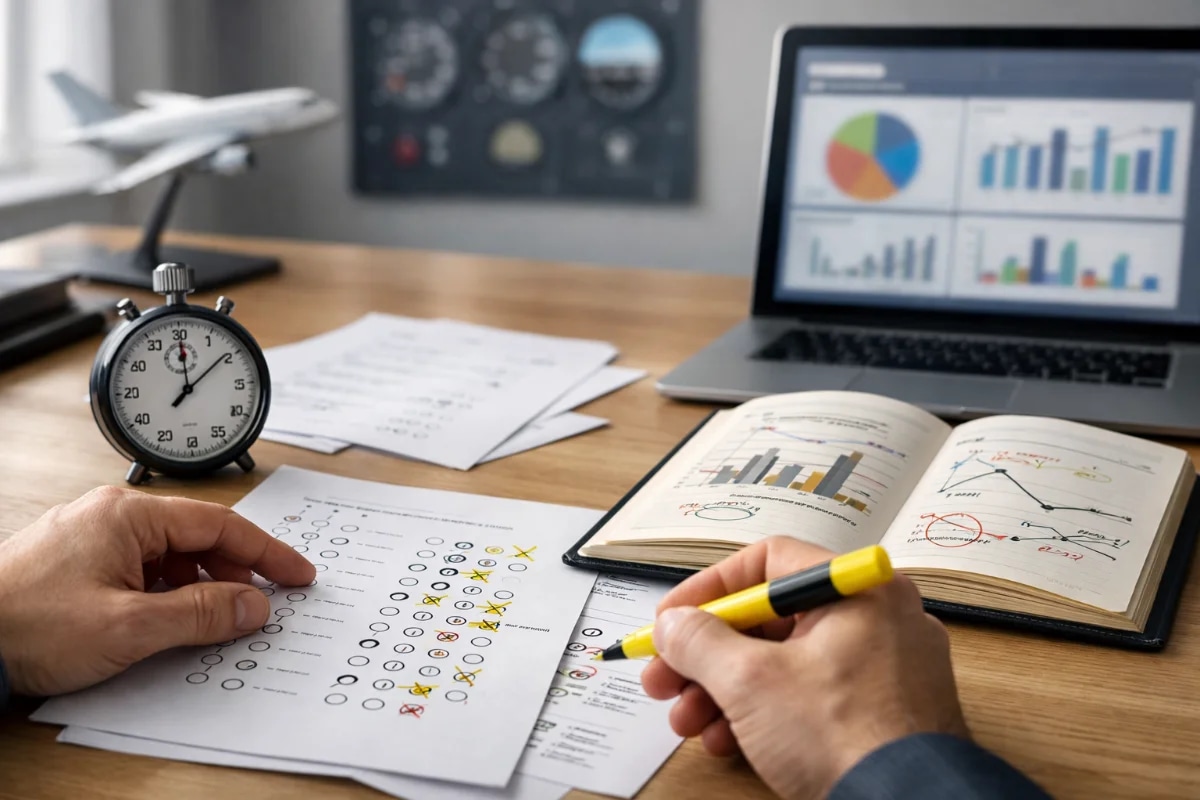 Cena em um ambiente de estudo aeronáutico moderno e organizado: mesa com caderno de anotações aberto mostrando marcações e gráficos de desempenho, folhas com questões de múltipla escolha, cronômetro analógico e laptop com dashboard de estatísticas (sem texto legível). Ao fundo, elementos sutis de aviação como um modelo de avião e um quadro com instrumentos genéricos desfocados. Composição horizontal 16:9, foco no primeiro plano (mãos revisando e destacando erros), profundidade de campo suave, estilo fotográfico realista, iluminação natural lateral suave, cores neutras e profissionais, sem texto, sem logotipos, sem marcas d’água.