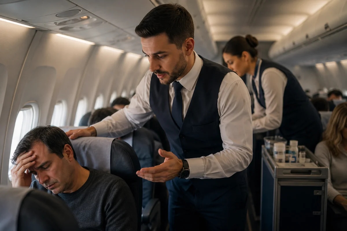 Cena realista dentro de uma cabine de avião comercial moderna, com um comissário de bordo em primeiro plano demonstrando calma e foco enquanto coordena uma situação de bordo: um passageiro sentado aparenta mal-estar e outro tripulante auxilia ao fundo; carrinho de serviço parcialmente visível no corredor, iluminação suave e natural vinda das janelas, atmosfera profissional e controlada, composição cinematográfica com profundidade de campo, estilo fotográfico documental, cores neutras, enquadramento horizontal 600x400, sem texto, sem logotipos, sem marcas d'água