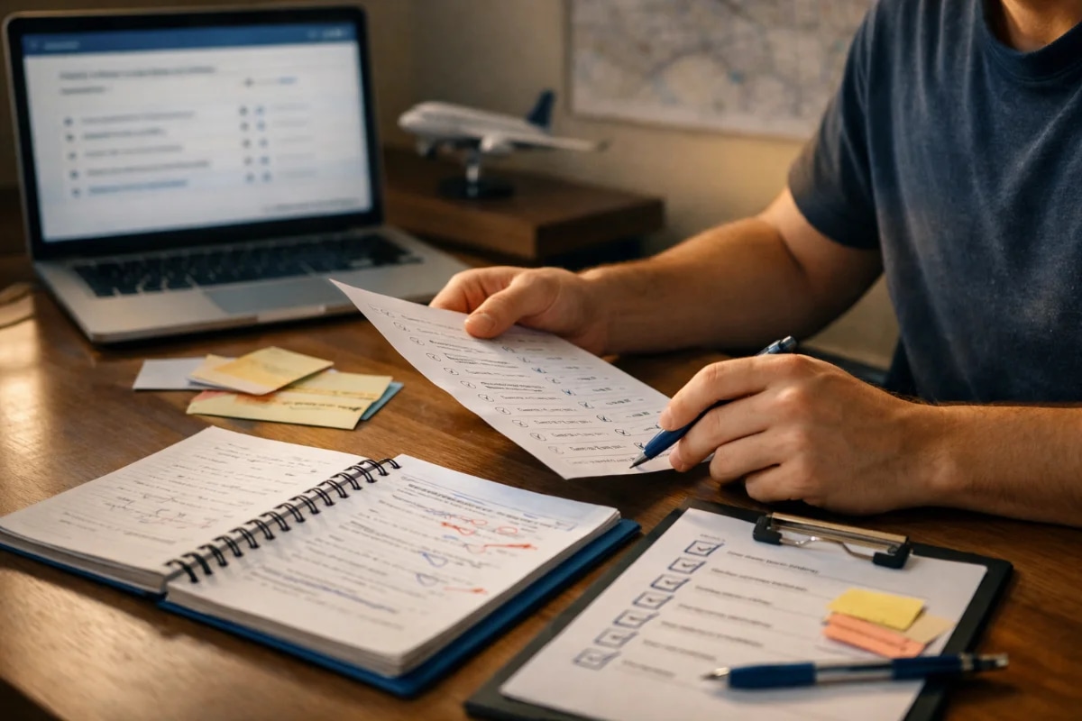 Capa para artigo sobre transformar erros em acertos em simulados da ANAC: estudante de aviação em mesa de estudos com caderno aberto e laptop exibindo um simulado (sem texto legível), ao lado um checklist e marcações de revisão; ao fundo, ambiente de sala de estudos moderna com elementos sutis de aviação (miniatura de avião e carta aeronáutica desfocada); composição com foco nas mãos analisando respostas e organizando um plano de revisão; estilo fotográfico realista, cores neutras com detalhes em azul, iluminação suave de fim de tarde, profundidade de campo rasa, enquadramento horizontal 16:9, sem texto, sem logotipos, sem marcas d'água