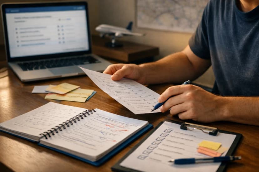 Capa para artigo sobre transformar erros em acertos em simulados da ANAC: estudante de aviação em mesa de estudos com caderno aberto e laptop exibindo um simulado (sem texto legível), ao lado um checklist e marcações de revisão; ao fundo, ambiente de sala de estudos moderna com elementos sutis de aviação (miniatura de avião e carta aeronáutica desfocada); composição com foco nas mãos analisando respostas e organizando um plano de revisão; estilo fotográfico realista, cores neutras com detalhes em azul, iluminação suave de fim de tarde, profundidade de campo rasa, enquadramento horizontal 16:9, sem texto, sem logotipos, sem marcas d'água