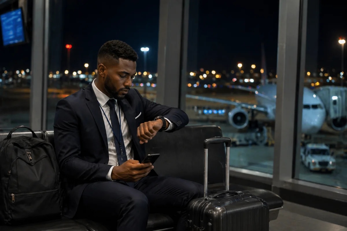 Fotografia editorial realista de um comissário de bordo em área de descanso de aeroporto à noite, sentado com mala de rodinhas e mochila, olhando um relógio e um celular com agenda de voos (sem texto visível), ao fundo janelas com aeronaves no pátio e luzes de pista desfocadas, clima de cansaço e organização, composição limpa com espaço negativo, profundidade de campo rasa, iluminação mista fria de terminal com pontos quentes, enquadramento horizontal 600x400, sem texto, sem logotipos, sem marcas d’água