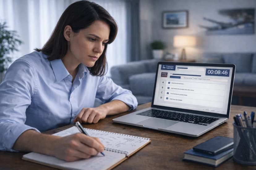 mulher adulta, em torno de 30 anos, sentada à mesa em um ambiente doméstico organizado e bem iluminado. Ela está concentrada realizando uma prova online de aviação em um notebook prateado, com um cronômetro visível na tela indicando o tempo restante da avaliação.