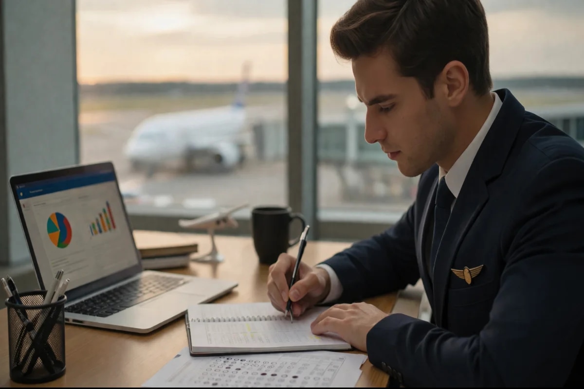 Candidato a comissário de bordo estudando em uma mesa organizada com caderno aberto, laptop exibindo gráficos de desempenho e um simulado com marcações, ao fundo uma janela com vista sutil de pista de aeroporto e aeronave desfocada, ambiente moderno e calmo, composição com foco no rosto concentrado e nas anotações, estilo fotográfico realista, iluminação suave natural de fim de tarde, profundidade de campo rasa, enquadramento horizontal 16:9, sem texto, sem logotipos, sem marcas d'água