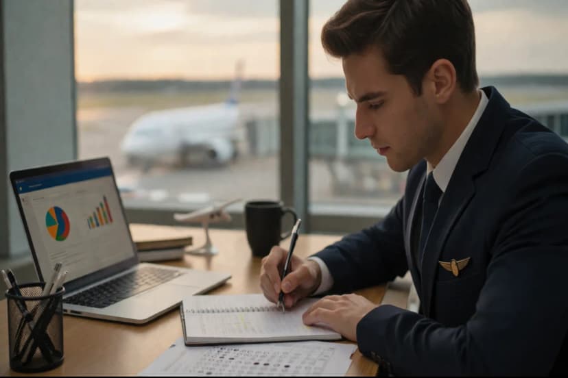 Candidato a comissário de bordo estudando em uma mesa organizada com caderno aberto, laptop exibindo gráficos de desempenho e um simulado com marcações, ao fundo uma janela com vista sutil de pista de aeroporto e aeronave desfocada, ambiente moderno e calmo, composição com foco no rosto concentrado e nas anotações, estilo fotográfico realista, iluminação suave natural de fim de tarde, profundidade de campo rasa, enquadramento horizontal 16:9, sem texto, sem logotipos, sem marcas d'água