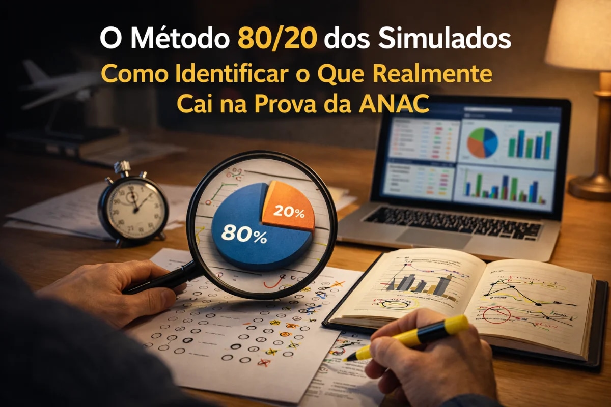 Candidato estudando para a prova da ANAC em uma mesa organizada com notebook aberto mostrando gráficos de desempenho e planilha de erros, caderno com anotações e marca-texto, ambiente de estudo noturno com luz quente de abajur, clima focado e estratégico, composição com regra dos terços, profundidade de campo suave, estilo fotográfico realista e moderno, alta nitidez, sem texto, sem logotipos, sem marcas d'água, enquadramento horizontal 16:9