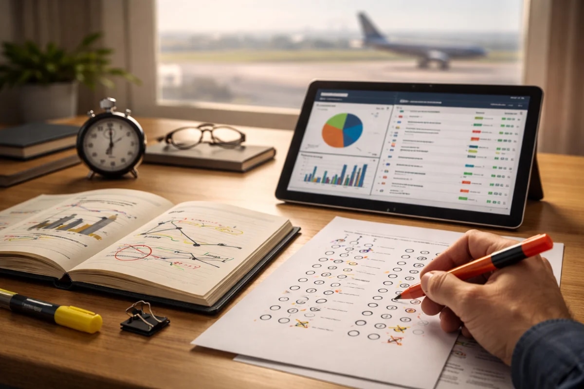Cena em ambiente de estudo aeronáutico moderno: mesa com caderno aberto, tablet mostrando gráfico de desempenho e lista de questões corrigidas, caneta marcando erros, ao fundo janela com pista de aeroporto desfocada e silhueta de aeronave; composição clean e organizada, foco no material de estudo e na análise de erros; estilo fotográfico realista, iluminação suave natural de fim de tarde, profundidade de campo curta; enquadramento horizontal 16:9, sem texto, sem logotipos, sem marcas d’água