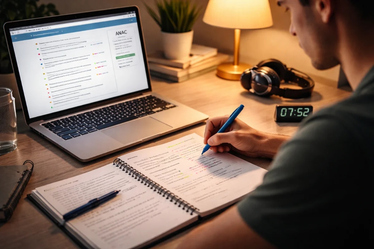 Candidato a piloto estudando em casa à noite, mesa organizada com notebook aberto em um simulado, caderno com anotações e marcações de erros, caneta e cronômetro ao lado, ambiente moderno e silencioso, foco em mãos revisando questões e destacando padrões de erro, profundidade de campo suave, estilo fotográfico realista, iluminação quente de abajur com contraste suave, composição clean e profissional, enquadramento horizontal 16:9, sem texto, sem logotipos, sem marcas d’água