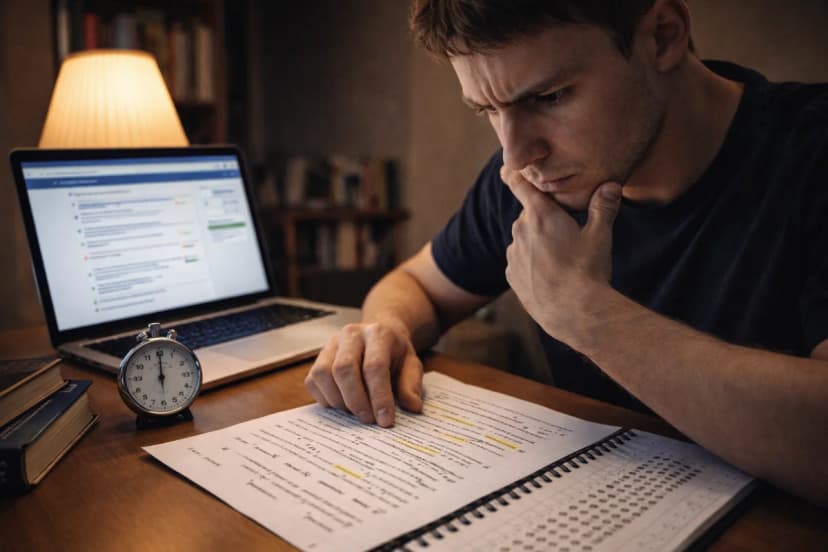 Candidato estudando para prova da ANAC em uma mesa organizada com livros e caderno, laptop aberto com questões, relógio marcando tempo, expressão de dúvida ao comparar anotações com um simulado; ambiente de estudo noturno com luz de abajur quente e contraste suave, fundo desfocado com prateleira de livros; composição cinematográfica, foco no rosto e nas mãos, profundidade de campo, estilo foto realista, iluminação dramática porém natural, enquadramento horizontal 16:9, sem texto, sem logotipos, sem marcas d'água