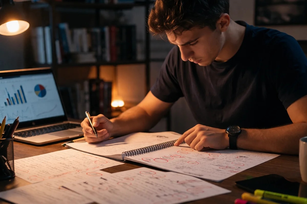 Candidato estudando para prova da ANAC em uma mesa organizada com caderno aberto e folhas de simulado marcadas com anotações e círculos em vermelho, laptop ao lado com gráficos simples de desempenho (sem texto legível), ambiente de estudo noturno com luz quente de abajur, expressão concentrada, fundo desfocado com estante, composição cinematográfica realista, fotografia editorial, alta nitidez, profundidade de campo, iluminação suave e contrastada, enquadramento horizontal 16:9, sem texto, sem logotipos, sem marcas d'água