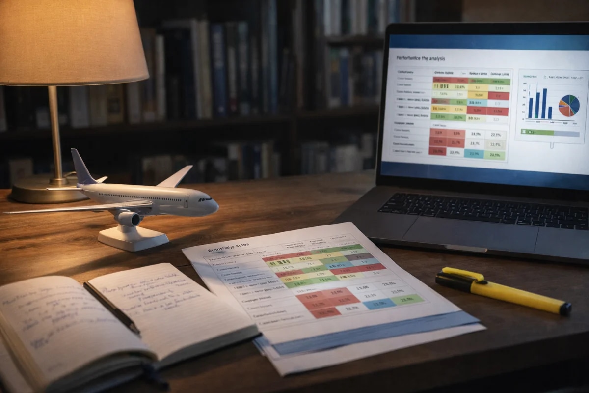 Cena em uma mesa de estudos organizada com caderno aberto e planilha de análise de erros, laptop exibindo gráficos de desempenho e marcações por categorias, caneta e marca-texto ao lado, ambiente de estudo noturno com luz quente de luminária, fundo desfocado com livros técnicos de aviação, composição limpa e profissional, estilo fotográfico realista, alto detalhamento, iluminação suave e contrastada, enquadramento horizontal 16:9, sem texto, sem logotipos, sem marcas d’água