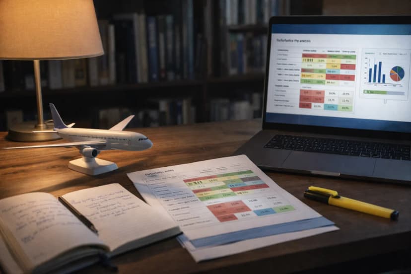 Cena em uma mesa de estudos organizada com caderno aberto e planilha de análise de erros, laptop exibindo gráficos de desempenho e marcações por categorias, caneta e marca-texto ao lado, ambiente de estudo noturno com luz quente de luminária, fundo desfocado com livros técnicos de aviação, composição limpa e profissional, estilo fotográfico realista, alto detalhamento, iluminação suave e contrastada, enquadramento horizontal 16:9, sem texto, sem logotipos, sem marcas d’água