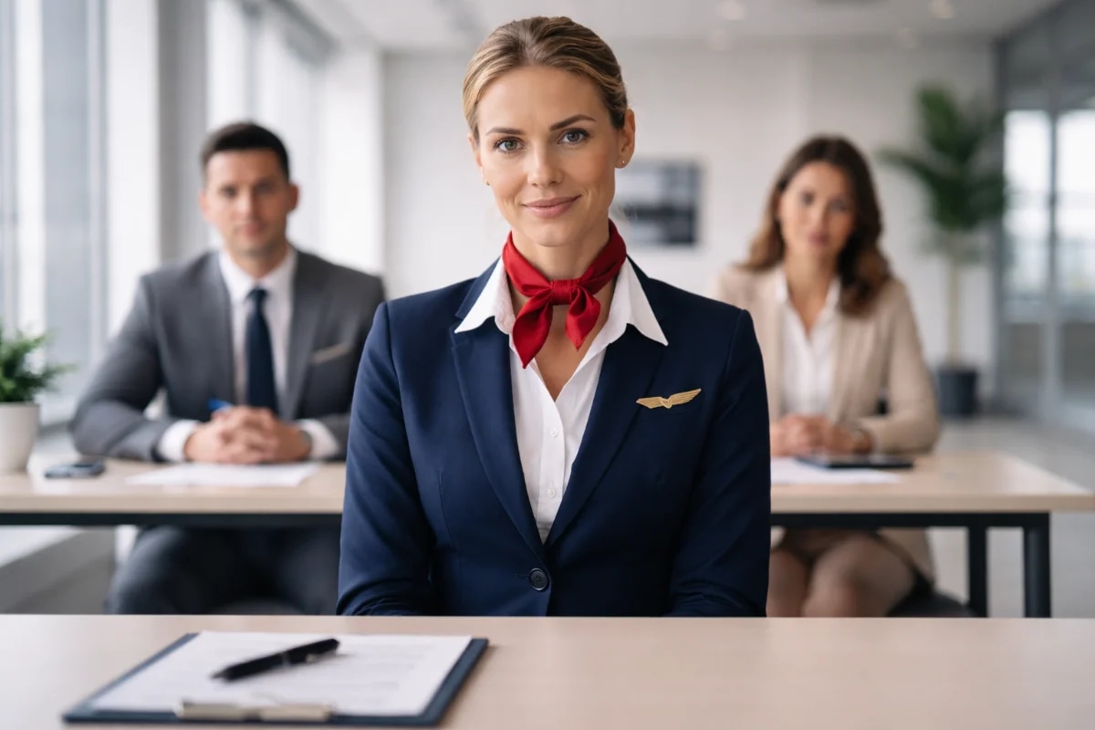 Cena realista em aeroporto moderno: candidato(a) a comissário(a) de bordo em traje social alinhado(a) sentado(a) em sala de entrevista com dois recrutadores ao fundo, mesa discreta com prancheta e caneta, expressão confiante e postura ereta, ambiente corporativo clean com janelas e luz natural suave, profundidade de campo leve, composição centrada com espaço negativo, estilo fotográfico editorial, cores neutras, iluminação suave e profissional, enquadramento horizontal 16:9, sem texto, sem logotipos, sem marcas d’água
