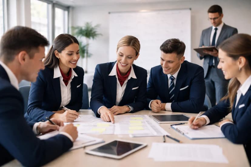 Cena realista em uma sala de treinamento corporativo moderna, com 6 a 8 candidatos a comissário de bordo em traje social em volta de uma mesa, colaborando em uma atividade com papéis e um quadro branco ao fundo; um avaliador discreto observando com prancheta; expressões de escuta ativa e cooperação, postura profissional; composição horizontal 16:9, enquadramento médio amplo, profundidade de campo suave, estilo fotográfico editorial, cores neutras, iluminação natural suave de janela, sem texto, sem logotipos, sem marcas d'água
