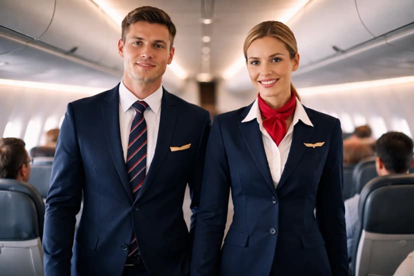 Cena realista de um comissário de bordo e uma comissária em uniforme neutro caminhando pelo corredor de um avião comercial moderno, com luz suave entrando pelas janelas, passageiros desfocados ao fundo, atmosfera profissional e aspiracional, composição central com profundidade de campo, estilo fotografia editorial, cores naturais, iluminação cinematográfica, enquadramento horizontal 16:9, sem texto, sem logotipos, sem marcas d’água