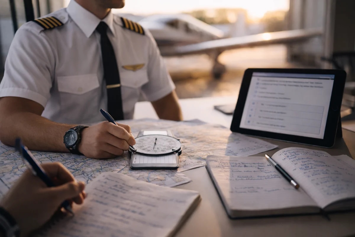 Cena realista de um estudante de aviação em uma mesa de estudos com cartas aeronáuticas, calculadora E6B, caderno com anotações e um tablet exibindo questões de múltipla escolha (sem texto legível), ao fundo um hangar com um avião monomotor desfocado; composição clean e profissional, foco no material de estudo em primeiro plano, profundidade de campo suave, iluminação natural de fim de tarde entrando pela janela, estilo fotográfico editorial, cores neutras, enquadramento horizontal 16:9, sem texto, sem logotipos, sem marcas d'água