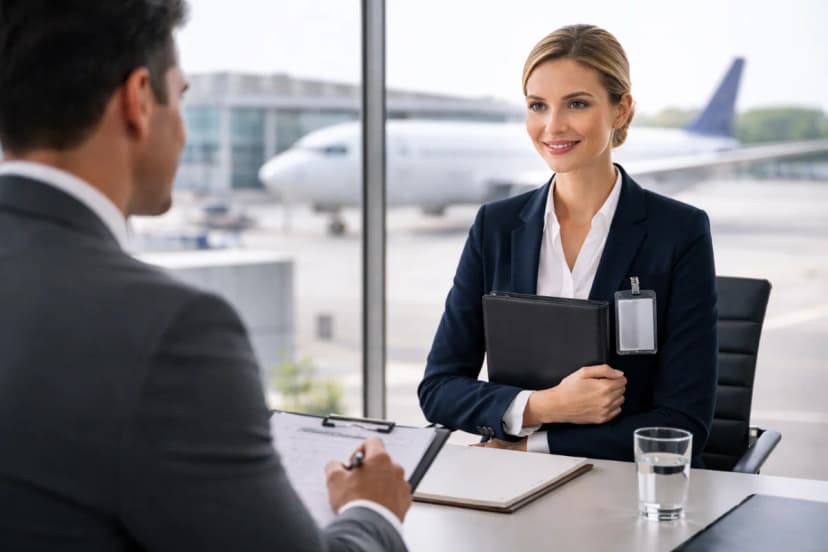 Cena realista em aeroporto moderno: candidata a comissária de bordo em traje social discreto e impecável, postura ereta, segurando uma pasta com documentos, conversando com recrutador em sala de entrevista envidraçada com vista para pista e aeronave ao fundo; ambiente clean e corporativo, detalhes de segurança e atendimento sugeridos (crachá neutro, relógio, bloco de notas), composição horizontal 16:9, enquadramento médio com profundidade de campo suave, iluminação natural difusa de manhã, estilo fotográfico editorial, cores neutras, sem texto, sem logotipos, sem marcas d’água