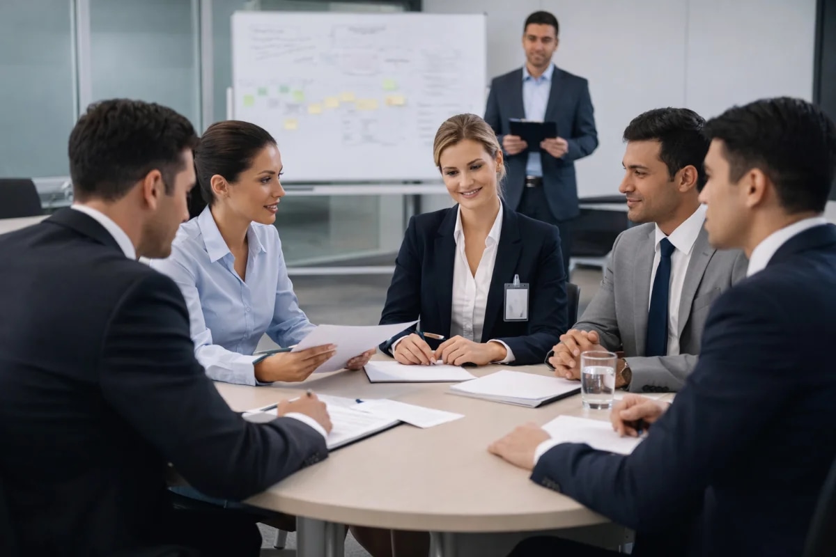 Cena realista de uma dinâmica de grupo para seleção em companhia aérea: sala de treinamento corporativa moderna, mesa oval com 6 a 8 candidatos em trajes sociais neutros colaborando com papéis e um quadro branco ao fundo, um avaliador discreto observando com prancheta, expressões de escuta ativa e cooperação, composição equilibrada com foco no grupo, estilo fotográfico editorial, cores naturais, iluminação suave e profissional, profundidade de campo moderada, enquadramento horizontal 16:9, sem texto, sem logotipos, sem marcas d'água