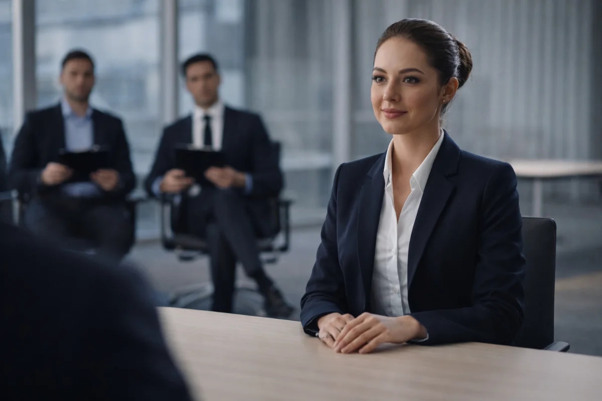 Cena realista de uma candidata a comissária de bordo em entrevista de emprego em uma sala corporativa moderna dentro de um centro de treinamento de aviação; ela está sentada com postura impecável, mãos apoiadas com naturalidade, vestindo traje social discreto, cabelo preso; dois recrutadores ao fundo com pranchetas; mesa minimalista, luz natural suave entrando por janelas grandes, tons neutros e elegantes; composição cinematográfica, foco na candidata em primeiro plano, profundidade de campo rasa, estilo fotográfico editorial, alta nitidez, iluminação suave e profissional; enquadramento horizontal 16:9; sem texto, sem logotipos, sem marcas d’água