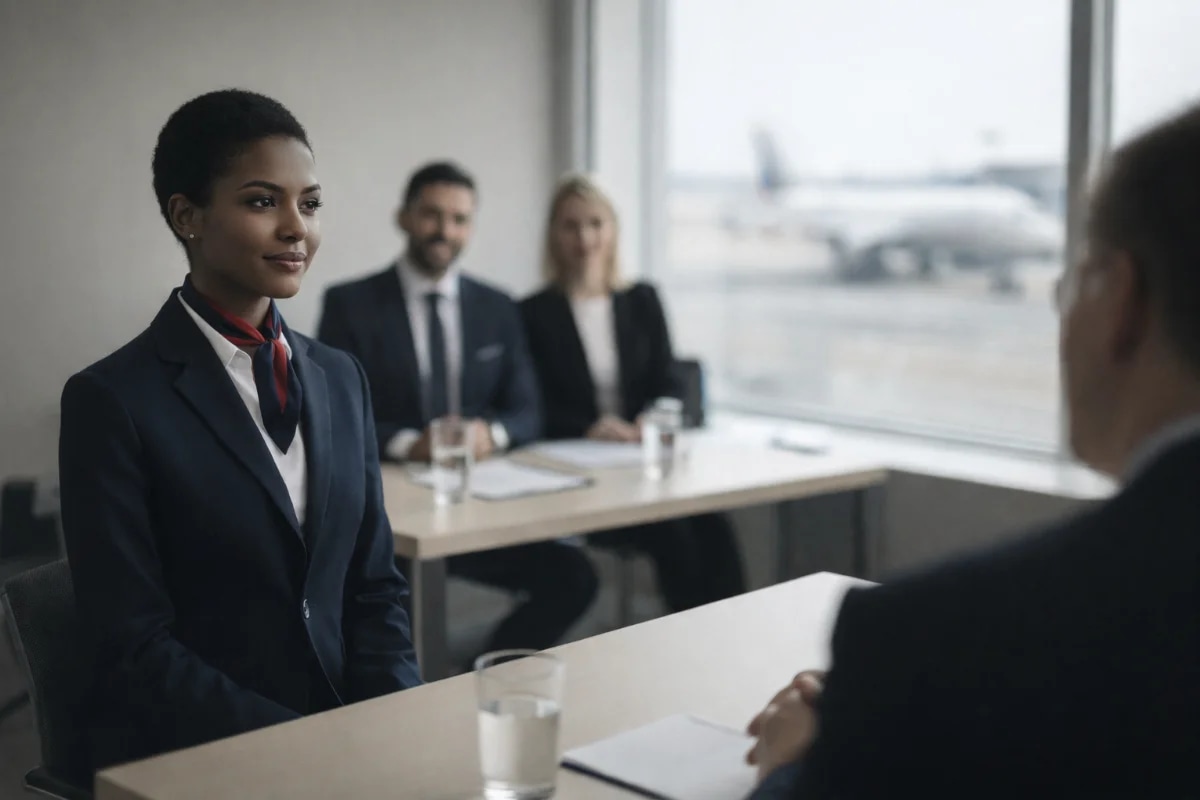 Cena realista em aeroporto moderno: candidata a comissária de bordo em traje social alinhado sentada em sala de entrevista com dois recrutadores ao fundo, mesa discreta, postura ereta e contato visual confiante; ao lado, janela com pista e aeronave desfocada; ambiente corporativo clean, tons neutros, composição horizontal 16:9, foco na candidata em primeiro plano, profundidade de campo suave, iluminação natural difusa com leve luz de recorte, estilo fotográfico editorial, sem texto, sem logotipos, sem marcas d’água