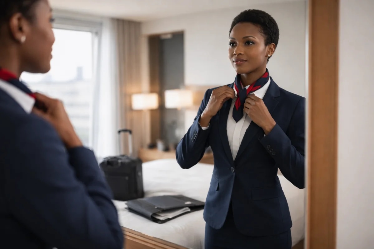 Cena realista de preparação para processo seletivo de comissário de voo: jovem candidato(a) em traje social impecável ajustando gravata/lenço diante de um espelho em quarto de hotel moderno, com mala de mão e pasta de documentos sobre a cama; ao fundo, janela com vista suave de aeroporto desfocado; composição limpa e profissional, foco no rosto e postura confiante, luz natural da manhã com preenchimento suave, profundidade de campo rasa, estilo fotográfico editorial, enquadramento horizontal 16:9, sem texto, sem logotipos, sem marcas d'água