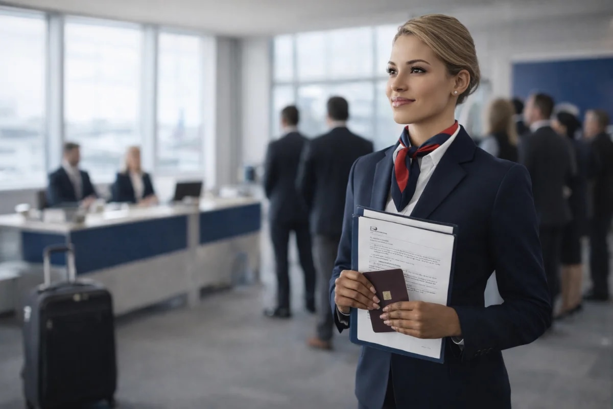 Cena realista em aeroporto moderno: candidata a comissária de bordo em traje social discreto segurando currículo e passaporte, em primeiro plano; ao fundo, sala de recrutamento com outras pessoas em fila e um balcão de check-in desfocado; ambiente corporativo e limpo, tons neutros com detalhes em azul, sensação de foco e preparação; composição com profundidade de campo, perspectiva levemente baixa, iluminação suave natural de grandes janelas, estilo fotográfico editorial, enquadramento horizontal 16:9, sem texto, sem logotipos, sem marcas d'água