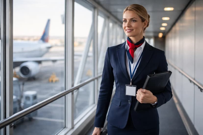 Fotografia realista de um(a) comissário(a) de voo em uniforme neutro caminhando no finger de embarque de um aeroporto moderno, com um avião comercial ao fundo pela janela, segurando uma pasta de documentos e um crachá genérico sem texto; ambiente limpo e profissional, luz natural suave de fim de tarde, cores frias e elegantes, profundidade de campo moderada, composição com regra dos terços, foco no personagem em primeiro plano, enquadramento horizontal 16:9, sem texto, sem logotipos, sem marcas d’água
