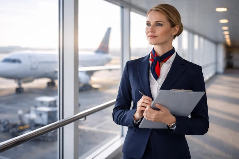 Cena realista de um(a) comissário(a) de voo em uniforme neutro segurando uma prancheta com documentos, em um terminal de aeroporto moderno com aeronave ao fundo pela janela, ambiente limpo e profissional, composição com foco no personagem em primeiro plano e profundidade de campo suave, luz natural de manhã entrando pelas janelas, estilo fotográfico editorial, cores sóbrias, enquadramento horizontal 16:9, sem texto, sem logotipos, sem marcas d’água