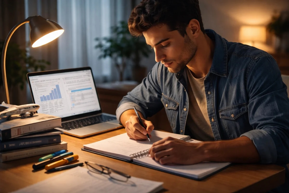 Cena realista de um estudante brasileiro em casa à noite estudando para a prova de comissário de voo, mesa organizada com caderno, canetas, laptop aberto com gráficos de desempenho e questões, livros de aviação e um pequeno modelo de avião ao lado; ambiente aconchegante e moderno, luz quente de luminária, foco no rosto concentrado e nas anotações, profundidade de campo suave, estilo fotográfico cinematográfico, alta nitidez, composição limpa, enquadramento horizontal 16:9, sem texto, sem logotipos, sem marcas d’água
