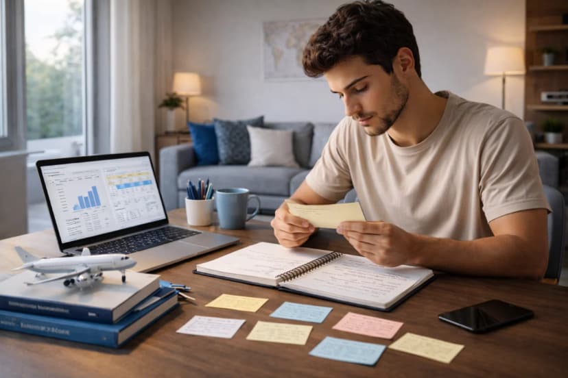Cena realista de um estudante brasileiro em casa estudando para a prova da ANAC: mesa organizada com caderno, laptop aberto com gráficos de desempenho e calendário de estudos, cartões de revisão espaçada espalhados, um pequeno modelo de avião ao lado, ambiente moderno e silencioso, luz natural suave entrando pela janela, composição clean e focada, estilo fotográfico editorial, profundidade de campo leve, enquadramento horizontal 16:9, sem texto, sem logotipos, sem marcas d’água