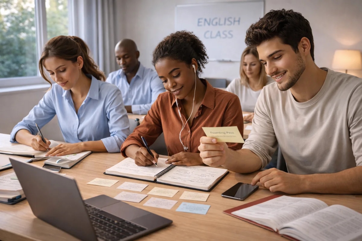 Cena realista de preparação para processo seletivo de companhia aérea: uma candidata a comissária de bordo em casa estudando com notebook aberto em videochamada de entrevista, caderno com anotações de frases em inglês e cartões de vocabulário, ao fundo uma mala de viagem e um uniforme pendurado; ambiente organizado e moderno, luz natural suave entrando pela janela, composição cinematográfica com foco na candidata e no notebook, profundidade de campo, estilo fotográfico editorial, cores neutras e azuladas, enquadramento horizontal 16:9, sem texto, sem logotipos, sem marcas d’água