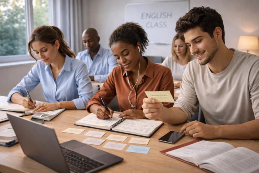 Cena realista de preparação para processo seletivo de companhia aérea: uma candidata a comissária de bordo em casa estudando com notebook aberto em videochamada de entrevista, caderno com anotações de frases em inglês e cartões de vocabulário, ao fundo uma mala de viagem e um uniforme pendurado; ambiente organizado e moderno, luz natural suave entrando pela janela, composição cinematográfica com foco na candidata e no notebook, profundidade de campo, estilo fotográfico editorial, cores neutras e azuladas, enquadramento horizontal 16:9, sem texto, sem logotipos, sem marcas d’água