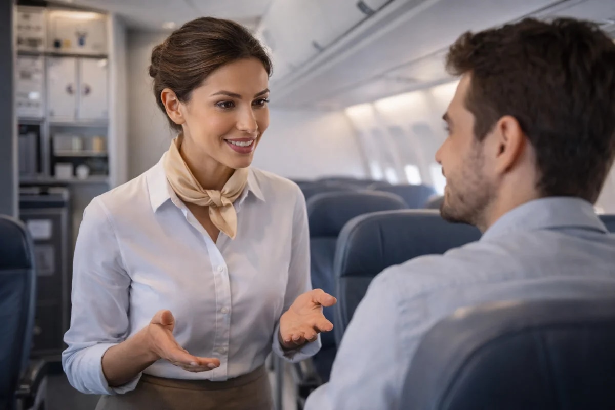 Cena realista em cabine de avião comercial durante o dia: comissária de voo em uniforme neutro conversando com um passageiro estrangeiro, expressão confiante, ao fundo galley e assentos desfocados; composição cinematográfica, foco no rosto e mãos gesticulando, luz natural suave entrando pelas janelas, cores modernas e limpas, estilo fotografia editorial, enquadramento horizontal 16:9, sem texto, sem logotipos, sem marcas d’água
