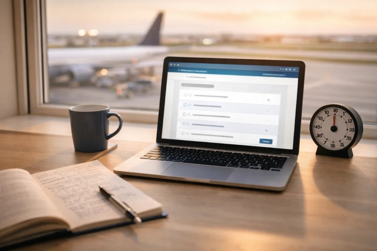 Cena realista de estudo para prova de comissário de voo: mesa organizada com notebook aberto exibindo interface genérica de simulado (sem texto legível), cronômetro analógico ao lado, caderno com anotações e caneta, ao fundo uma janela com vista desfocada de pista de aeroporto e cauda de avião, ambiente moderno e minimalista, composição em regra dos terços, foco no notebook e materiais de estudo, profundidade de campo suave, iluminação natural de fim de tarde com tons quentes, estilo fotográfico profissional, enquadramento horizontal 16:9, sem texto, sem logotipos, sem marcas d'água