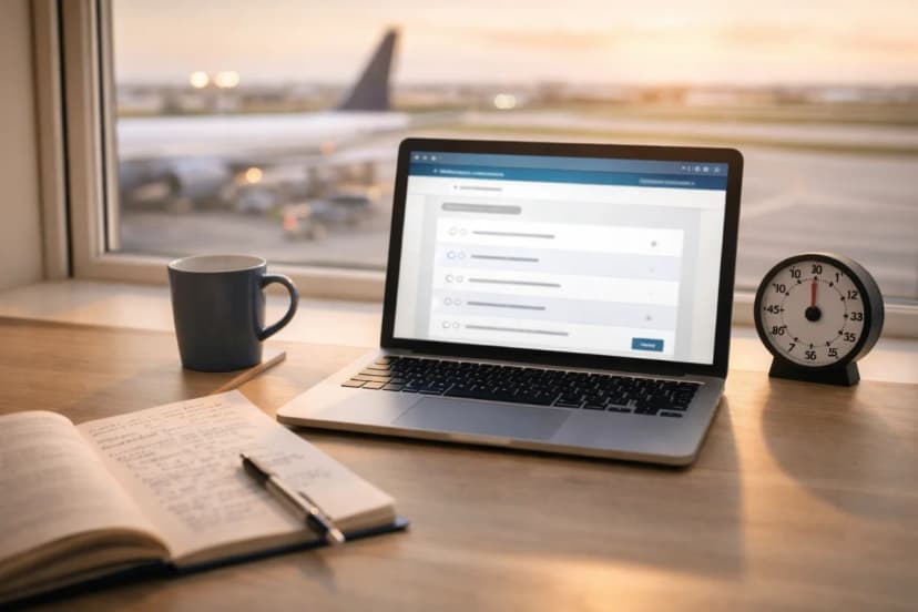 Cena realista de estudo para prova de comissário de voo: mesa organizada com notebook aberto exibindo interface genérica de simulado (sem texto legível), cronômetro analógico ao lado, caderno com anotações e caneta, ao fundo uma janela com vista desfocada de pista de aeroporto e cauda de avião, ambiente moderno e minimalista, composição em regra dos terços, foco no notebook e materiais de estudo, profundidade de campo suave, iluminação natural de fim de tarde com tons quentes, estilo fotográfico profissional, enquadramento horizontal 16:9, sem texto, sem logotipos, sem marcas d'água