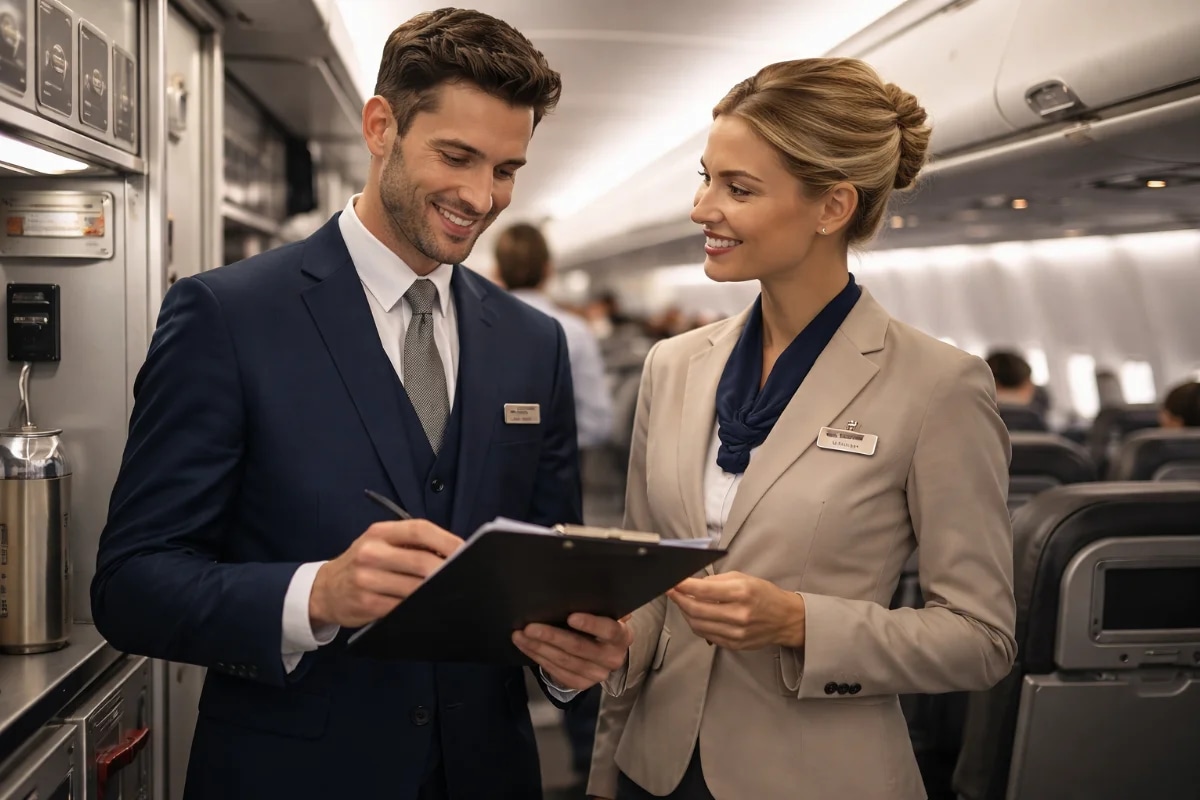 Cena realista dentro de uma aeronave comercial moderna, corredor central com assentos ao fundo, um comissário de voo e uma comissária em uniforme profissional em primeiro plano revisando checklist de segurança e conversando com postura confiante, atmosfera de pré-decolagem, passageiros desfocados ao fundo, detalhes de galley e compartimentos superiores, composição cinematográfica, estilo fotografia editorial, cores neutras e elegantes, iluminação suave e natural de cabine, profundidade de campo, enquadramento horizontal 16:9, sem texto, sem logotipos, sem marcas d’água
