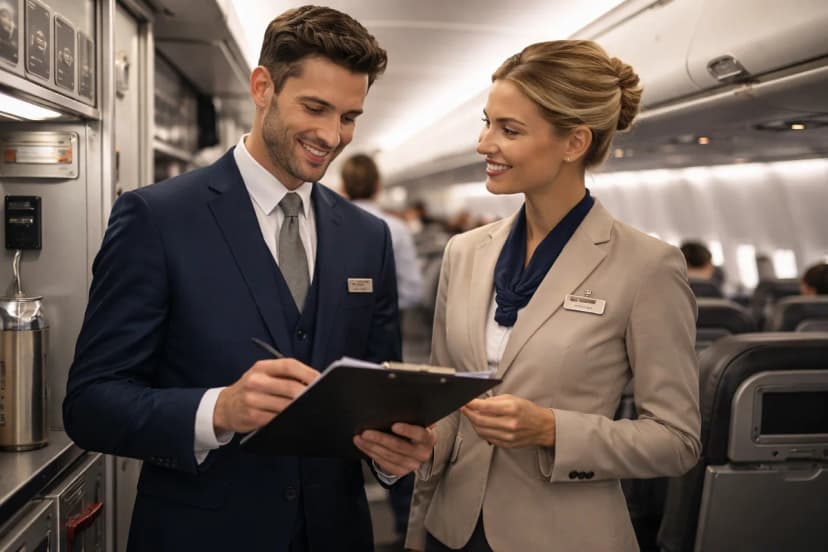 Cena realista dentro de uma aeronave comercial moderna, corredor central com assentos ao fundo, um comissário de voo e uma comissária em uniforme profissional em primeiro plano revisando checklist de segurança e conversando com postura confiante, atmosfera de pré-decolagem, passageiros desfocados ao fundo, detalhes de galley e compartimentos superiores, composição cinematográfica, estilo fotografia editorial, cores neutras e elegantes, iluminação suave e natural de cabine, profundidade de campo, enquadramento horizontal 16:9, sem texto, sem logotipos, sem marcas d’água