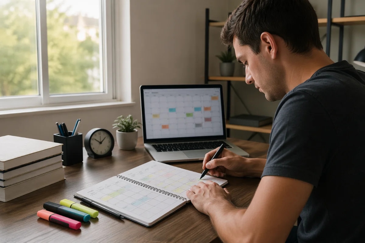Cena realista de um estudante adulto em casa montando um plano de estudos semanal para a prova da ANAC: mesa organizada com caderno aberto com grade semanal, laptop exibindo calendário (sem texto legível), canetas e marca-texto, relógio de mesa, pilha de apostilas neutras, ambiente de home office minimalista com luz natural da manhã entrando pela janela, atmosfera focada e calma, composição em regra dos terços com foco nas mãos planejando e no caderno, profundidade de campo suave, estilo fotográfico realista, cores neutras, iluminação suave, enquadramento horizontal 3:2, sem texto, sem logotipos, sem marcas d’água