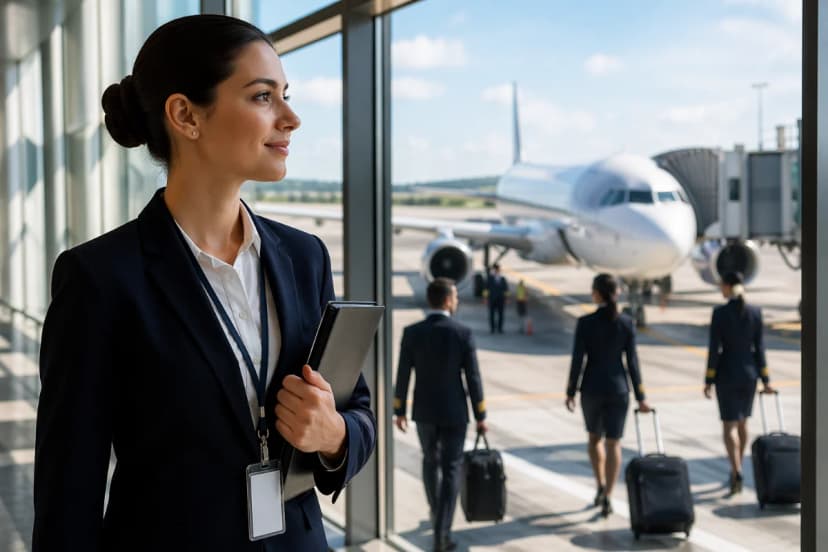 Cena realista em aeroporto brasileiro: jovem candidato(a) a comissário(a) de bordo em primeiro plano segurando pasta com documentos e um crachá genérico, ao fundo um avião comercial no finger e uma tripulação caminhando, ambiente de terminal moderno com grandes janelas, luz natural suave de manhã, composição limpa e aspiracional, profundidade de campo moderada, estilo fotográfico editorial, cores neutras, enquadramento horizontal 3:2, sem texto, sem logotipos, sem marcas d’água