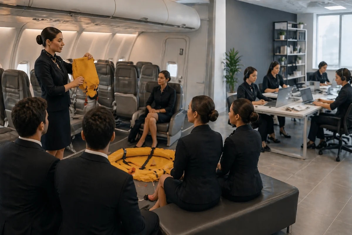 Cena realista em um centro de treinamento de aviação: uma sala ampla com mockup de cabine de avião e fileiras de assentos, instrutor demonstrando procedimentos de segurança enquanto um grupo de alunos com uniforme de treinamento pratica; ao lado, uma área com notebooks e materiais de estudo representando o online. Composição dividida de forma sutil (prática presencial em primeiro plano, estudo digital ao fundo), ambiente moderno, cores neutras, iluminação suave e profissional, profundidade de campo, estilo fotográfico editorial, enquadramento horizontal 3:2, sem texto, sem logotipos, sem marcas d’água