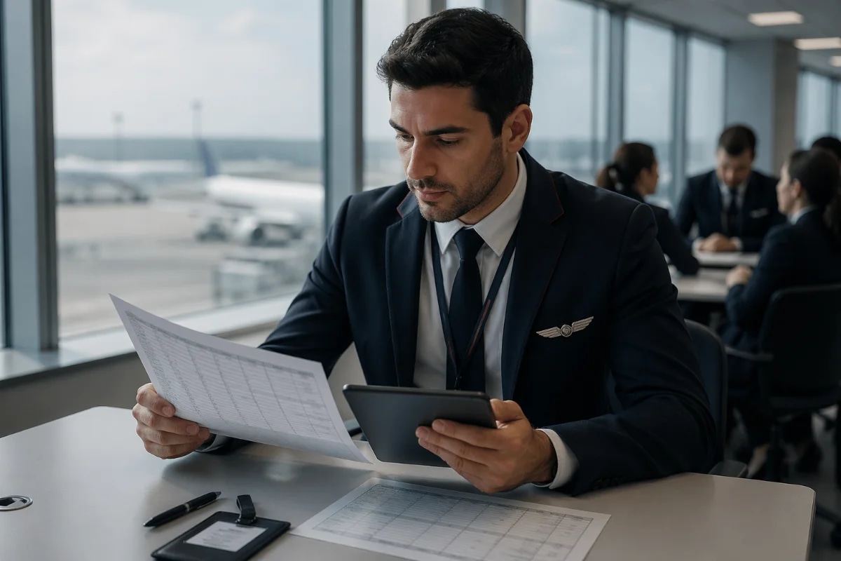 Fotografia realista de um comissário de voo em sala de briefing de tripulação no aeroporto, analisando uma escala impressa e um tablet com programação de voos; ao fundo, janela com pista e aeronave desfocada; ambiente corporativo de aviação, mesa com crachá e caneta, clima de início de jornada; composição horizontal 3:2, enquadramento médio, foco no personagem e nos documentos, profundidade de campo suave, iluminação natural fria de manhã, cores neutras, estilo editorial, sem texto, sem logotipos, sem marcas d’água