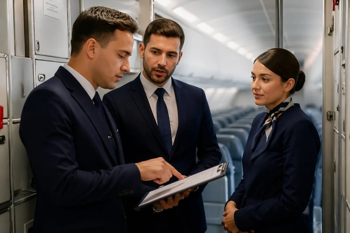 Cena realista em cabine de avião comercial durante briefing pré-voo: dois comissários e uma comissária em pé no galley, um apontando checklist em prancheta enquanto outro escuta com atenção e o terceiro faz contato visual confiante; ambiente limpo e moderno, detalhes de assentos ao fundo desfocados, atmosfera profissional e calma; composição com foco nos rostos e linguagem corporal (comunicação, trabalho em equipe), profundidade de campo suave, estilo fotográfico editorial, cores neutras, iluminação suave de cabine, enquadramento horizontal 600x400, sem texto, sem logotipos, sem marcas d’água