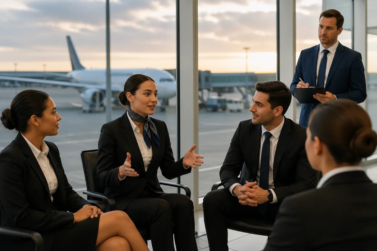 Cena realista em aeroporto moderno: um pequeno grupo de candidatos a comissário de bordo em traje social participando de dinâmica de grupo em sala envidraçada com vista para aeronaves ao fundo; um recrutador observa com prancheta; foco em linguagem corporal confiante e comunicação; composição horizontal 600x400, plano médio, profundidade de campo suave, estilo fotográfico editorial, cores neutras, iluminação natural suave de fim de tarde, sem texto, sem logotipos, sem marcas d’água