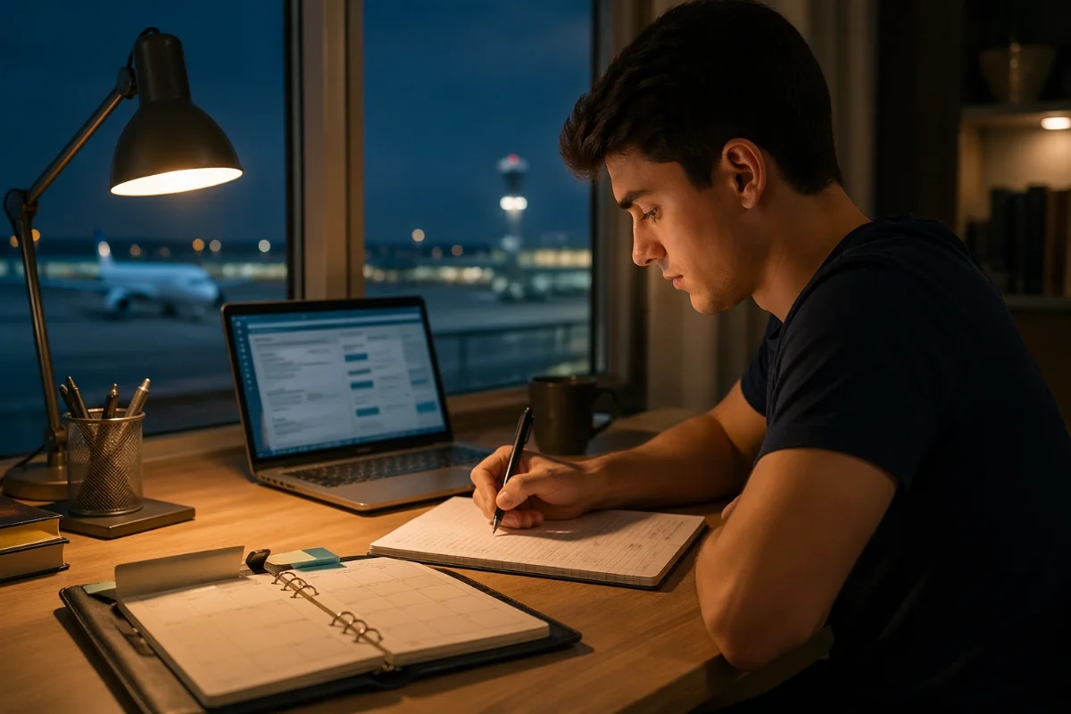 Ilustração realista em estilo editorial de um estudante de aviação civil em uma mesa organizada, com caderno aberto, planner semanal e laptop exibindo um simulado (sem texto legível), ao fundo uma janela com vista suave de um aeroporto e silhueta de aeronave distante, ambiente de estudo noturno com luz quente de luminária, composição limpa e minimalista, foco no planejamento e disciplina, profundidade de campo leve, enquadramento horizontal 600x400, sem texto, sem logotipos, sem marcas d’água