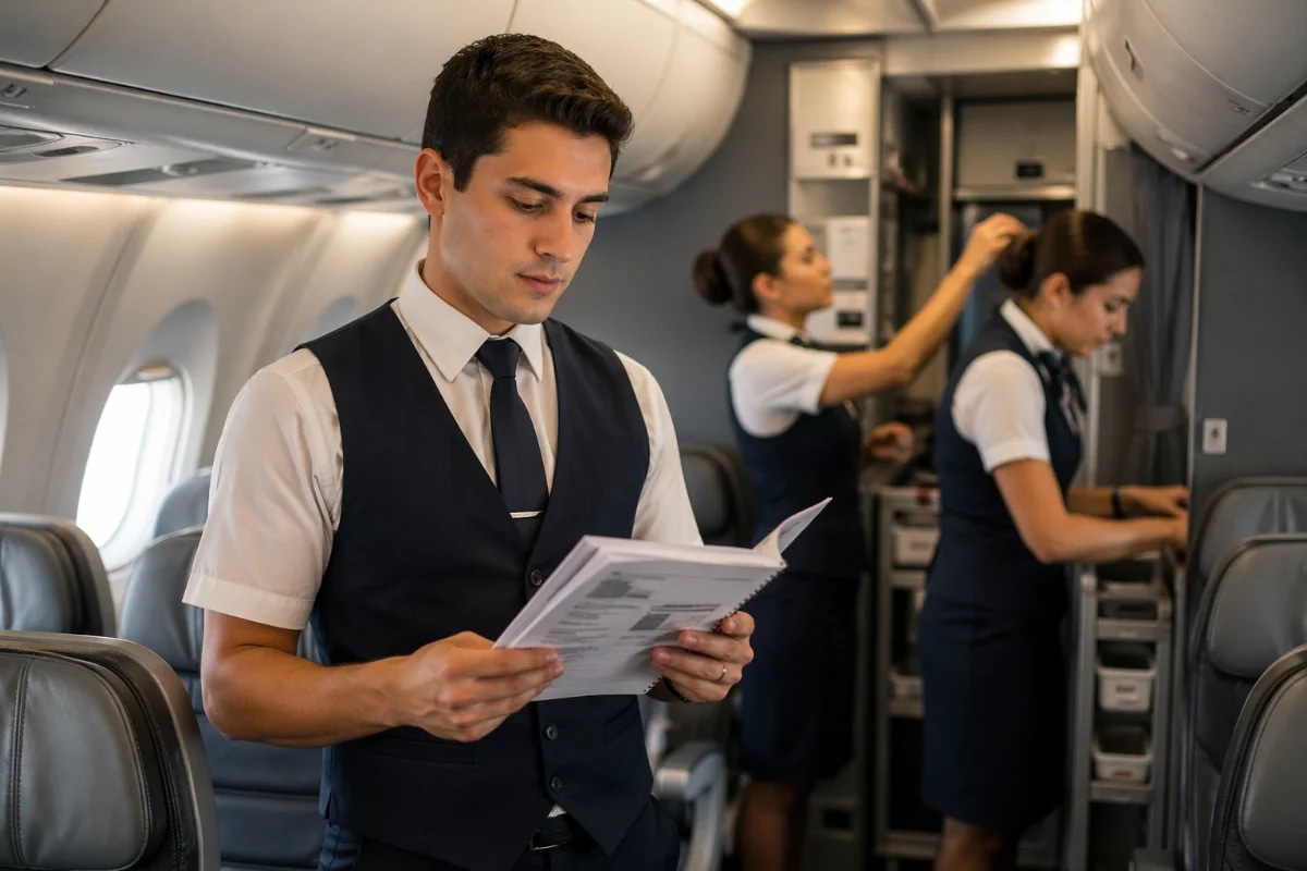 Cena realista de um comissário de bordo iniciante em treinamento pré-voo dentro de uma cabine de aeronave comercial, segurando um manual de procedimentos e checklist, com colegas ao fundo organizando equipamentos de segurança e galley; ambiente interno de avião moderno, atmosfera profissional e concentrada; composição horizontal 600x400, enquadramento em meia altura com profundidade de campo suave, foco no comissário em primeiro plano; estilo fotográfico editorial, cores neutras, iluminação suave e natural vinda das janelas, sem texto, sem logotipos, sem marcas d’água
